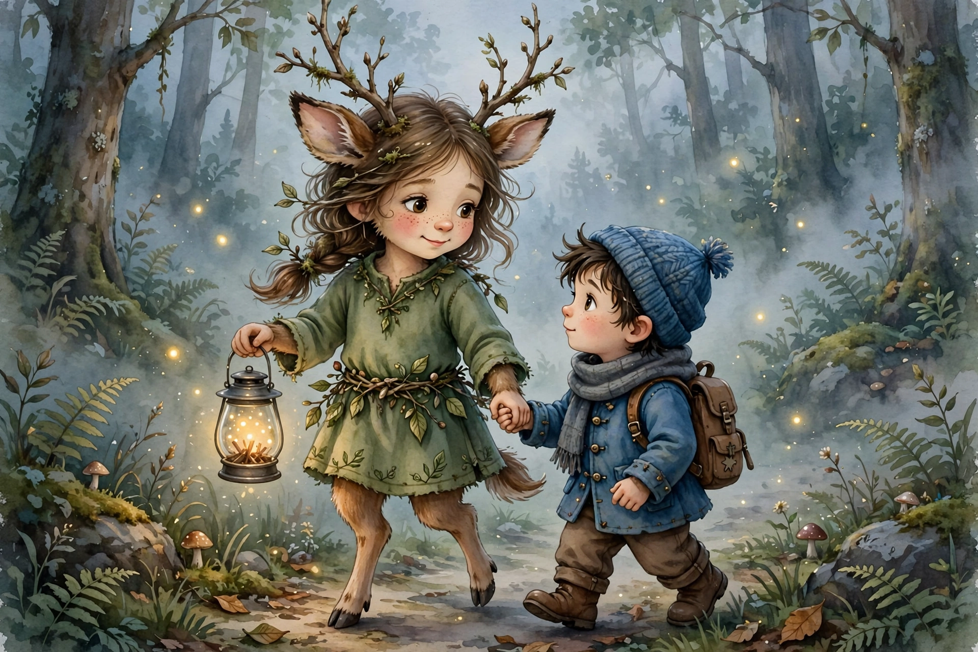 Fia with a firefly lantern in a foggy forest