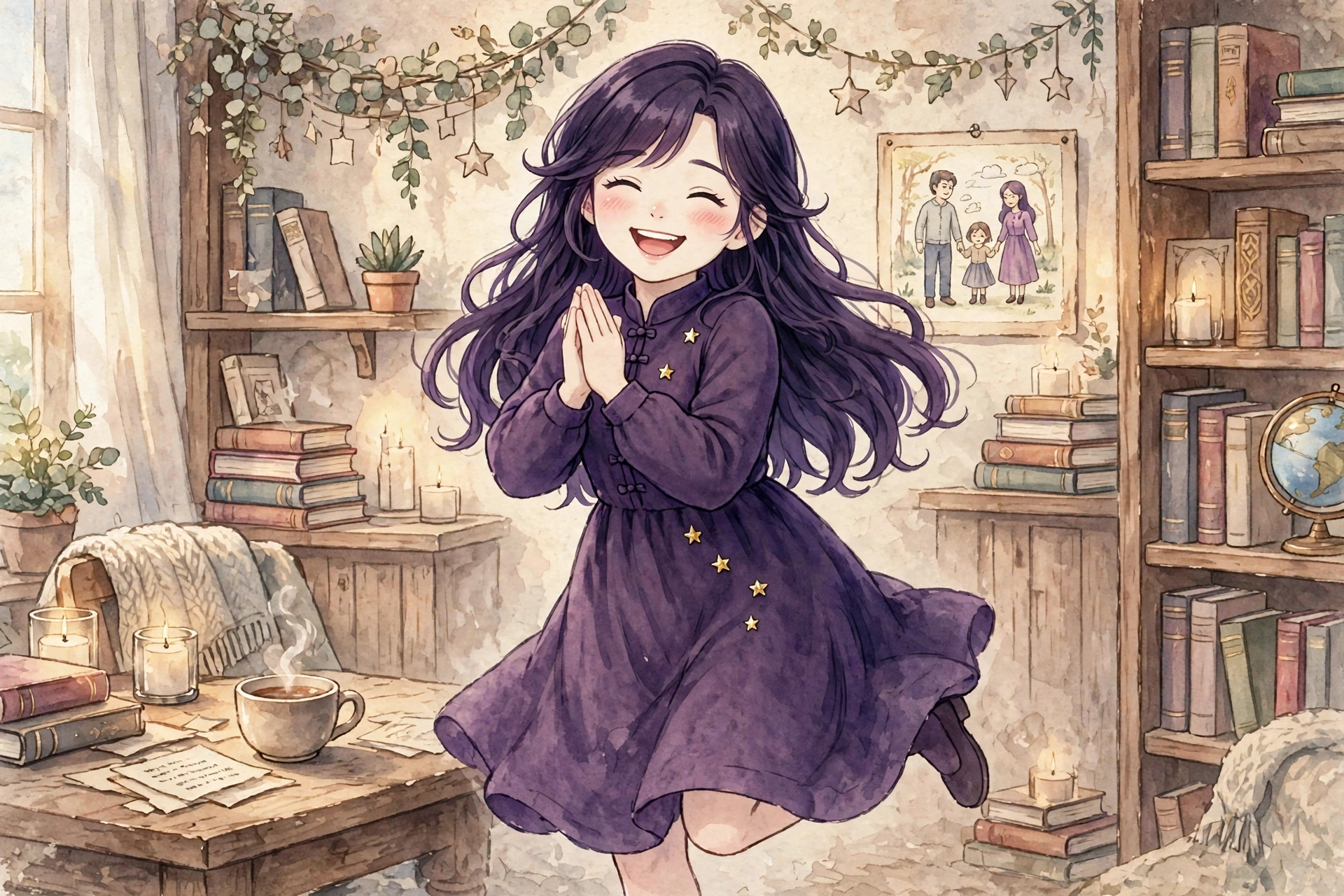 Guidess laughing with joy, hands clasped in thanks, one leg bent back playfully
