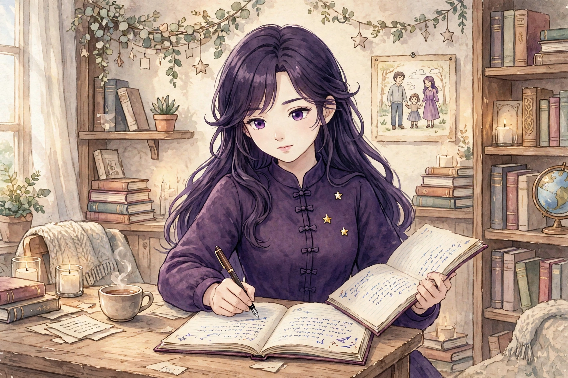 Guidess, in the same purple dress, listening and writing your feedback in her notebook