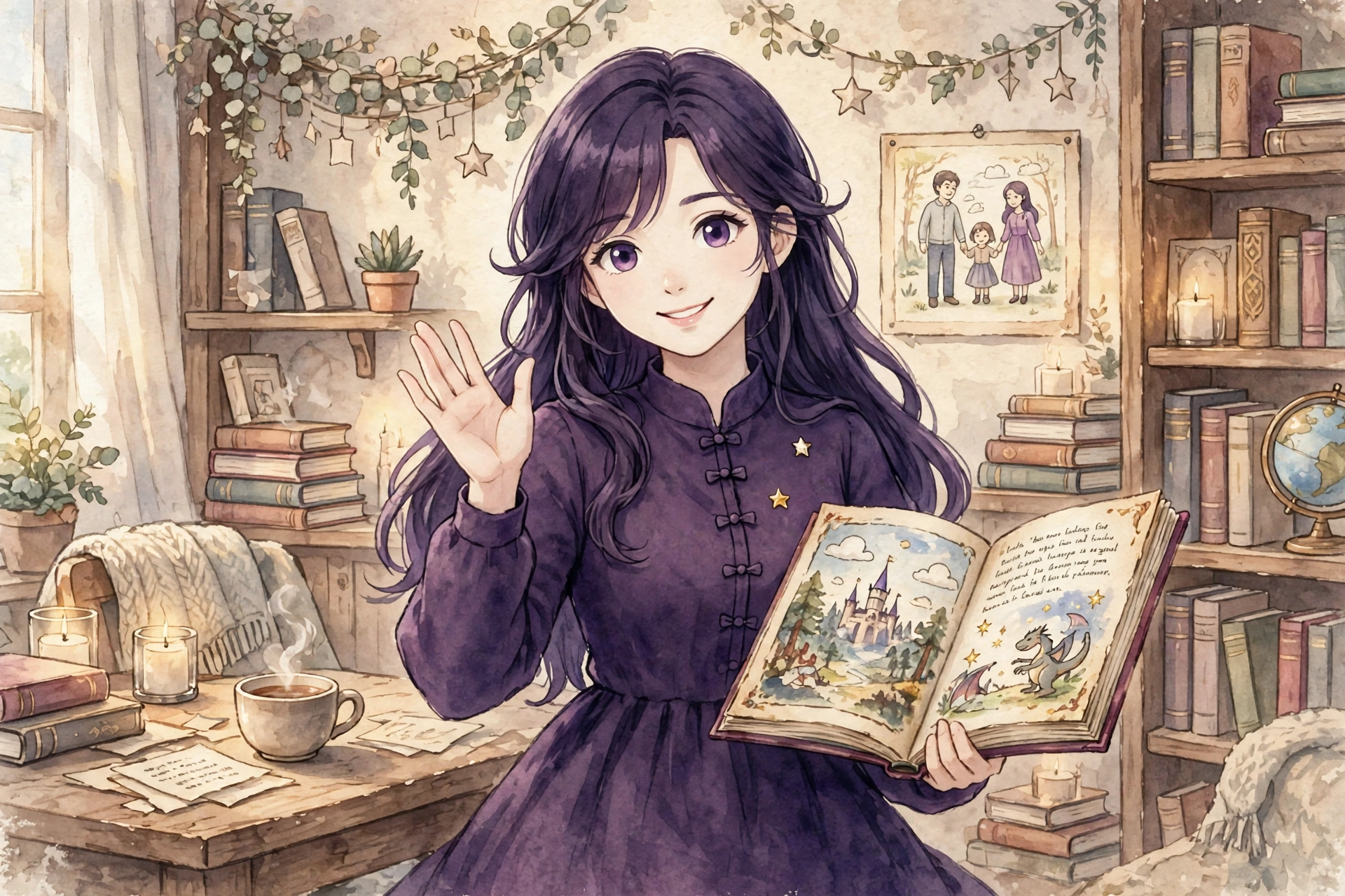 Guidess, in her purple dress, welcoming you in daytime