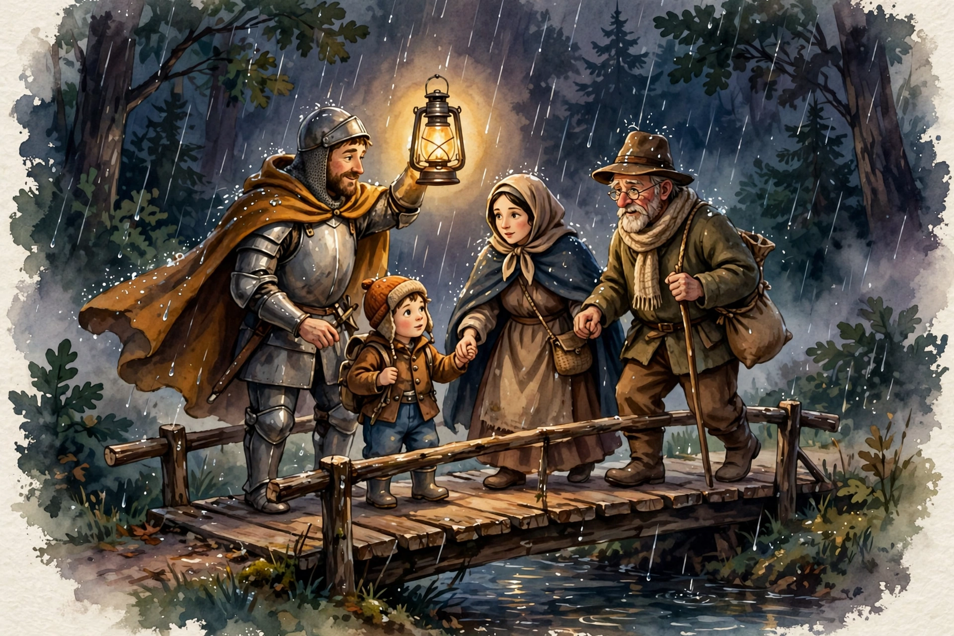 A knight holding a lantern high on a bridge in the rain