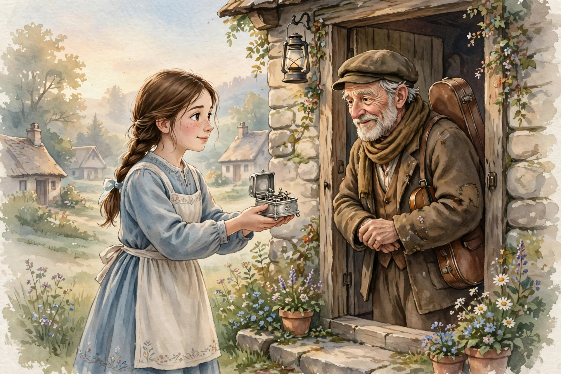 Mara holding out a silver music box at dawn